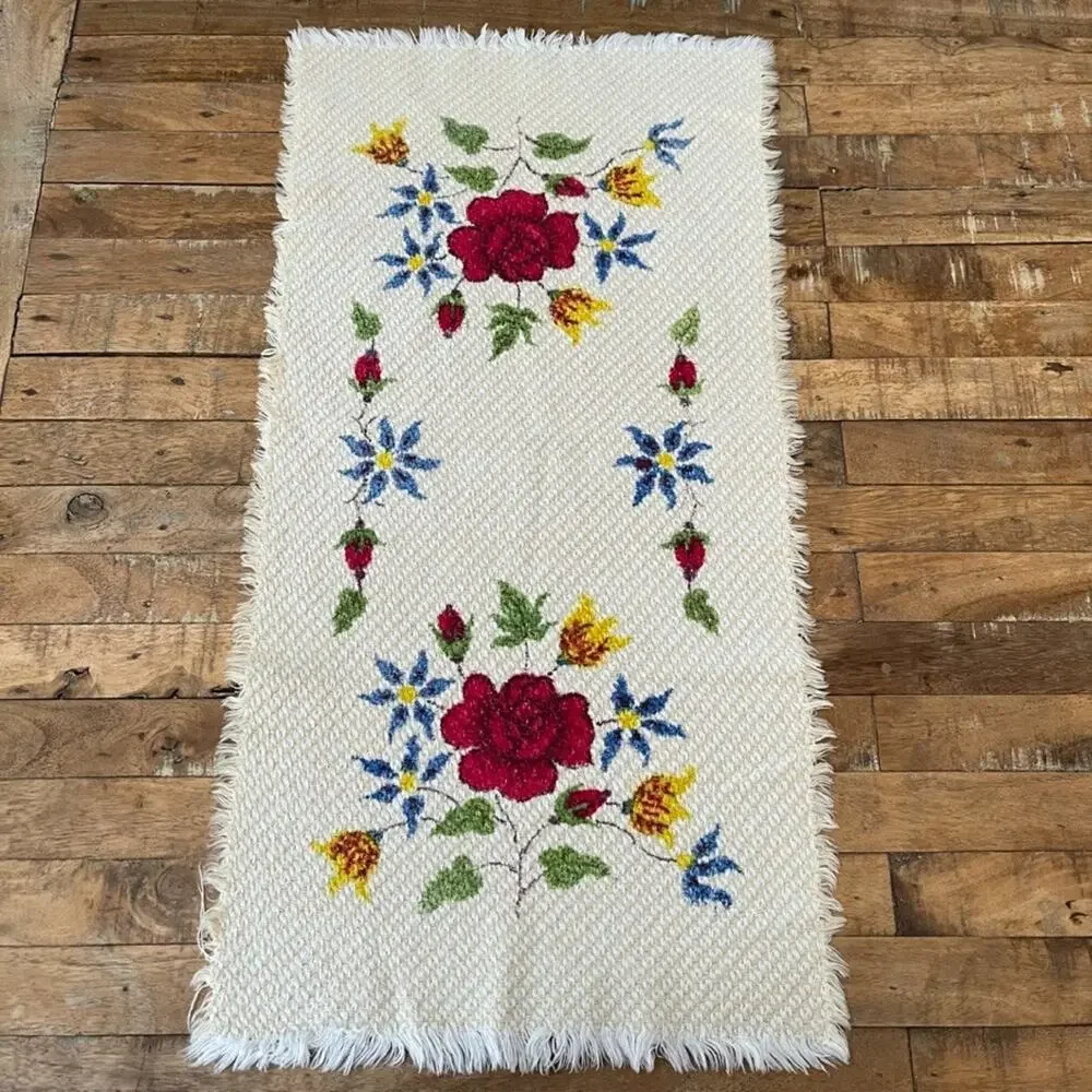 Hand-Painted Rose Floral Small Table Runner 14 x 28 in Woven Cotton Textile